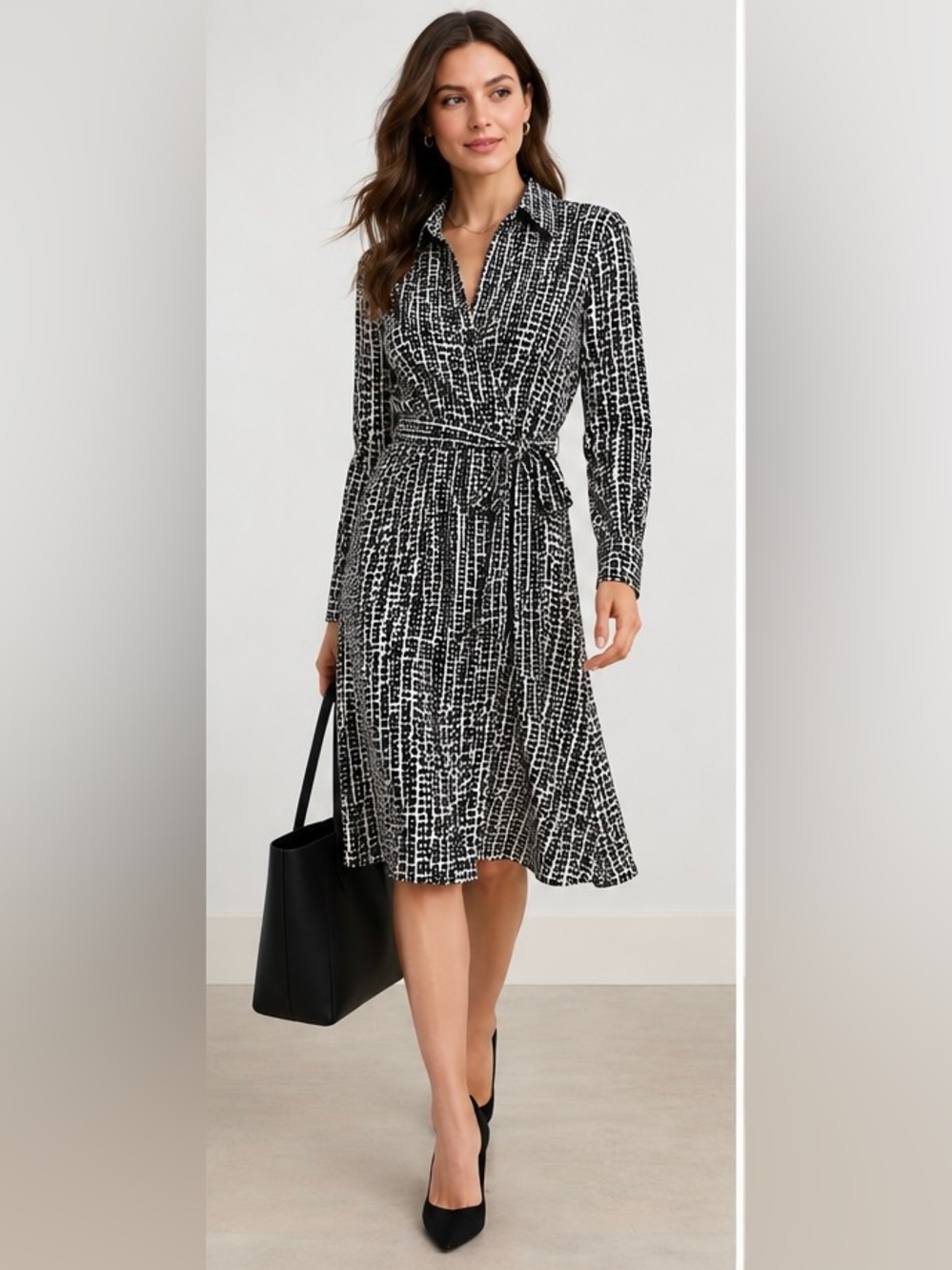 Banana Republic Faux Wrap Midi Dress Black White Belted Career Small